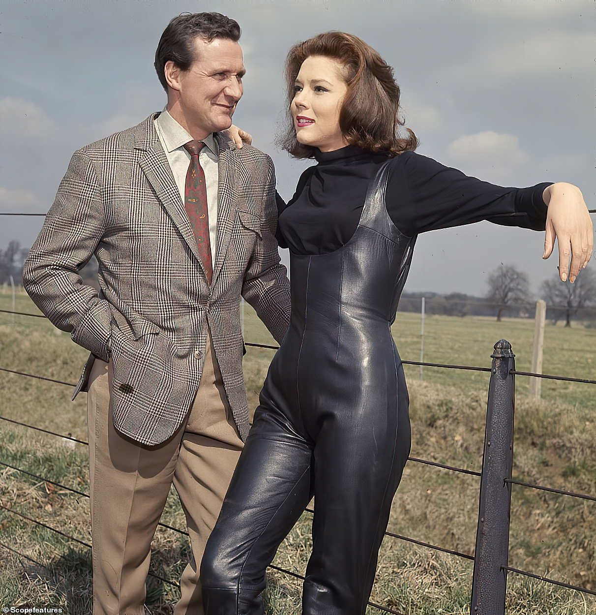 Dame Diana Rigg adorned in tight leather catsuit for TV Show 'The Avengers' with John Steed