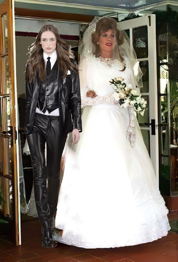 Femdom Groom in black leather suit and sissy bride in white wedding dress