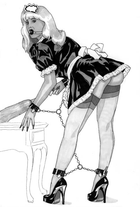 Illustration of feminized sissy maid in uniform and shackles